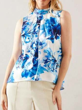 Printed Lace-Up Small Stand-Up Collar Sleeveless Floral Top Elegant Fashion Birthday Party Spring And Summer Valentine's Day