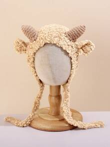 1pc Cute Lamb Plush Thick Warm Ear Ion Windproof Beanie Hat For Baby Boys & Girls, Winter