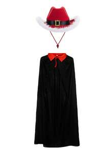 两件套万圣节圣诞节吸血鬼女巫服装套装，包括褶皱女巫帽和单层黑色死神斗篷披风，适合化装舞会表演。 - 黑色 - 查看 3