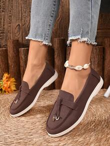 Women's Black & White Two-Tone Tassel Loafers - Comfortable Slip-On Flats, Stylish Casual Commute Shoes - Brown - View 5