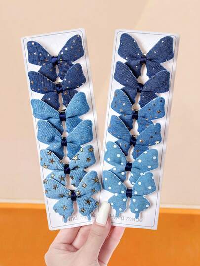 12pcs/Set Denim Bow Hair Clips Combination, Handmade Star & Polka Dot Side Clips, Girly Bangs Clips Hair Accessories, Harmonious Color Matching, Suitable For Different Outfits And Occasions, Fit For Girls And Women, Random Color, Cute Accessories, Head Accessories, Hairpin