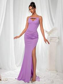 VIPGIRL 女士紫色吊带开衩美人鱼优雅晚礼服 - 紫色 - 查看 1