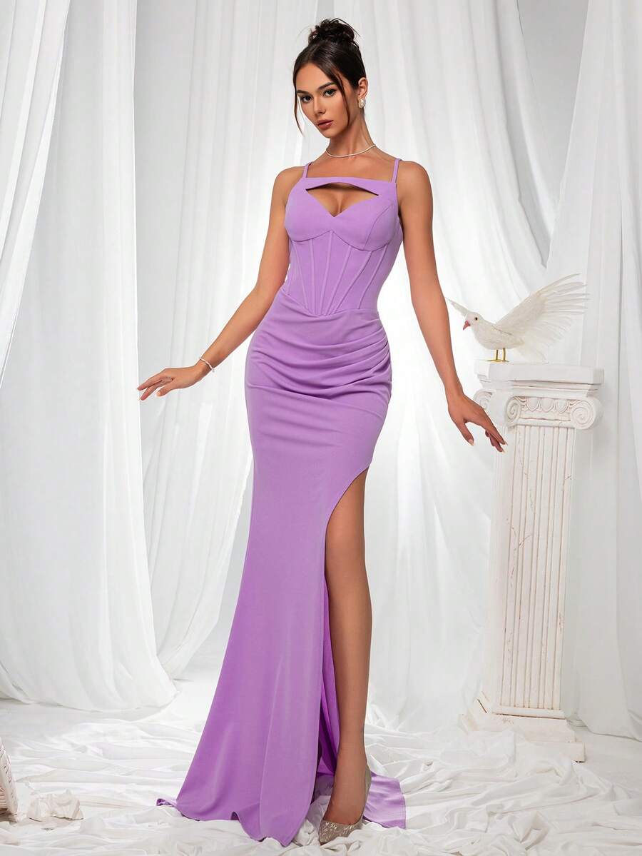 VIPGIRL 女士紫色吊带开衩美人鱼优雅晚礼服 - 紫色 - 查看 1