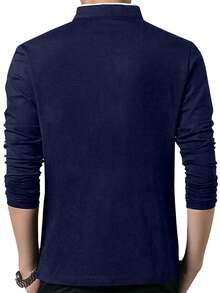 95%纯棉男士立领纽扣半开襟长袖Polo衫 - 藏蓝色 - 查看 2
