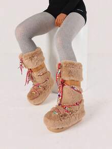 Women's Faux Fur Boots Winter Warm Fluffy Furry Mid Calf Snow Boots Flat Heel Comfortable Pull On Bead Embellished Shoes Christmas Gift - 駝色 - 查看 7