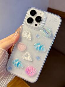 可爱夏日海星鲸鱼贝壳图案吊坠滴胶透明手机壳适用于iPhone16 17 15 14 13 Pro Max 3D滴胶软壳韩国女孩外壳 - 無色 - 查看 5