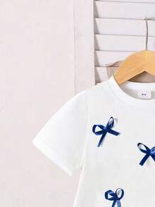 Young Girl Cartoon Print Short Sleeve Top And Denim Skirt Set - White - View 3