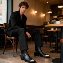 Men's Metal Western Ankle Boots, Fashion Pointed Toe Chelsea Boots - Black - View 9