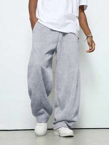 1件青少年男童休闲宽松舒适户外运动纯色抓绒针织直筒阔腿涤纶裤，春/秋/冬 - 淺灰色 - 查看 2