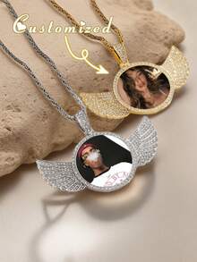 1pc Personalized Angel Wings Crystal Inlaid Photo Necklace | Customized Photo Necklace | Hip Hop Photo Pendant | Iced Out Round Photo Pendant, Gold, Silver, Fashionable, Colorful, Retro, Unisex, Minimalist, Casual, Customized, Personalized, Unique, Ideal Gift For Him, Ideal Gift For Her, Boyfriend, Girlfriend, Dad, Mom, Family, Friends, Anniversary, Birthday, Graduation, Dance, Party, Women Jewelry - Multicolor - View 3