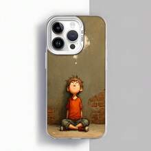 Cubierta de telefono con diseño de dibujos animados color marron claro con niño sentado en pared de ladrillo para uso diario en casa y viajes Aplicable a teléfonos Apple y Galaxy - Blanco - Ver 2