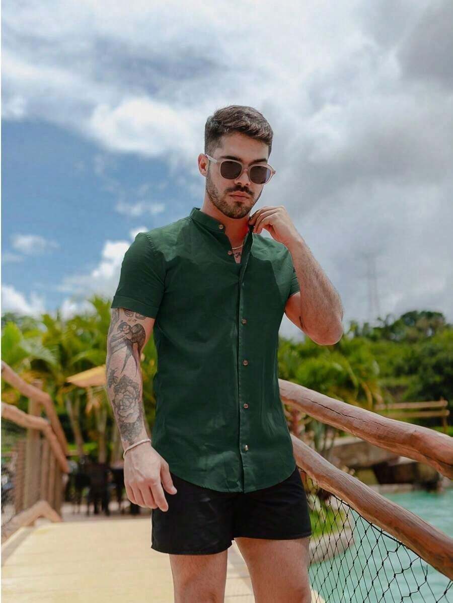 Men's Short-Sleeve Shirt With Mandarin Collar And Linen-Look - Assorted Colors - Comfortable - 軍綠色 - 查看 1