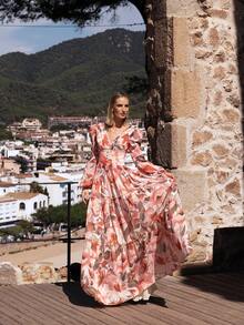 Faeriesty Printing Elegant Maxi Floral Chiffon Evening Gown With Deep V Neckline, Lantern Sleeves & Multi-Layered Cake Skirt – Floral Print In Soft Tones, Lace Trims On Cuffs & Waist, Perfect For Bridal Showers, Garden Receptions & Romantic Date Nights - Coral Orange - View 11