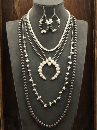 Juego de joyería de 4 collares + 1 par de pendientes para mujeres, turquesa blanca natural que se puede combinar libremente en pulseras, collares multicapa, collares de estilo vaquero occidental, collares de turquesa, accesorios para damas