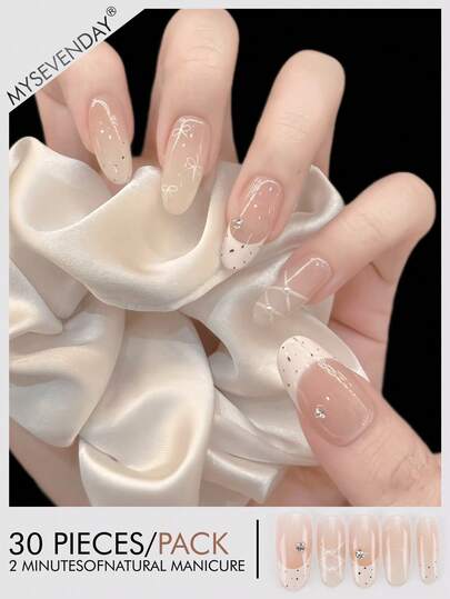 30pcs Adhesive Nail Tips, Almond Shape/Black Dot Pattern, French Pearl Striped Shiny Diamond Decor Long Nail Strips/Perfect Fit Acrylic False Nails Set, Includes 1 Gel Polish And 1 Nail File, Suitable For Women For Daily Work, Study And Gatherings In Autumn/Winter, Also Suitable For Parties, Festivals And Daily Use. Nail Supplies