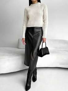 女士优雅纯色高腰开衩大腿PU半身裙，秋冬款 - 黑色 - 查看 1