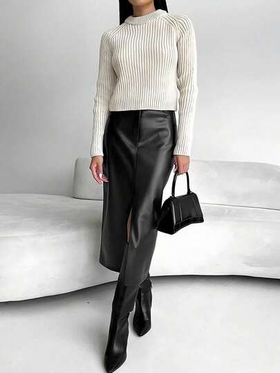 女士优雅纯色高腰开衩大腿PU半身裙，秋冬款