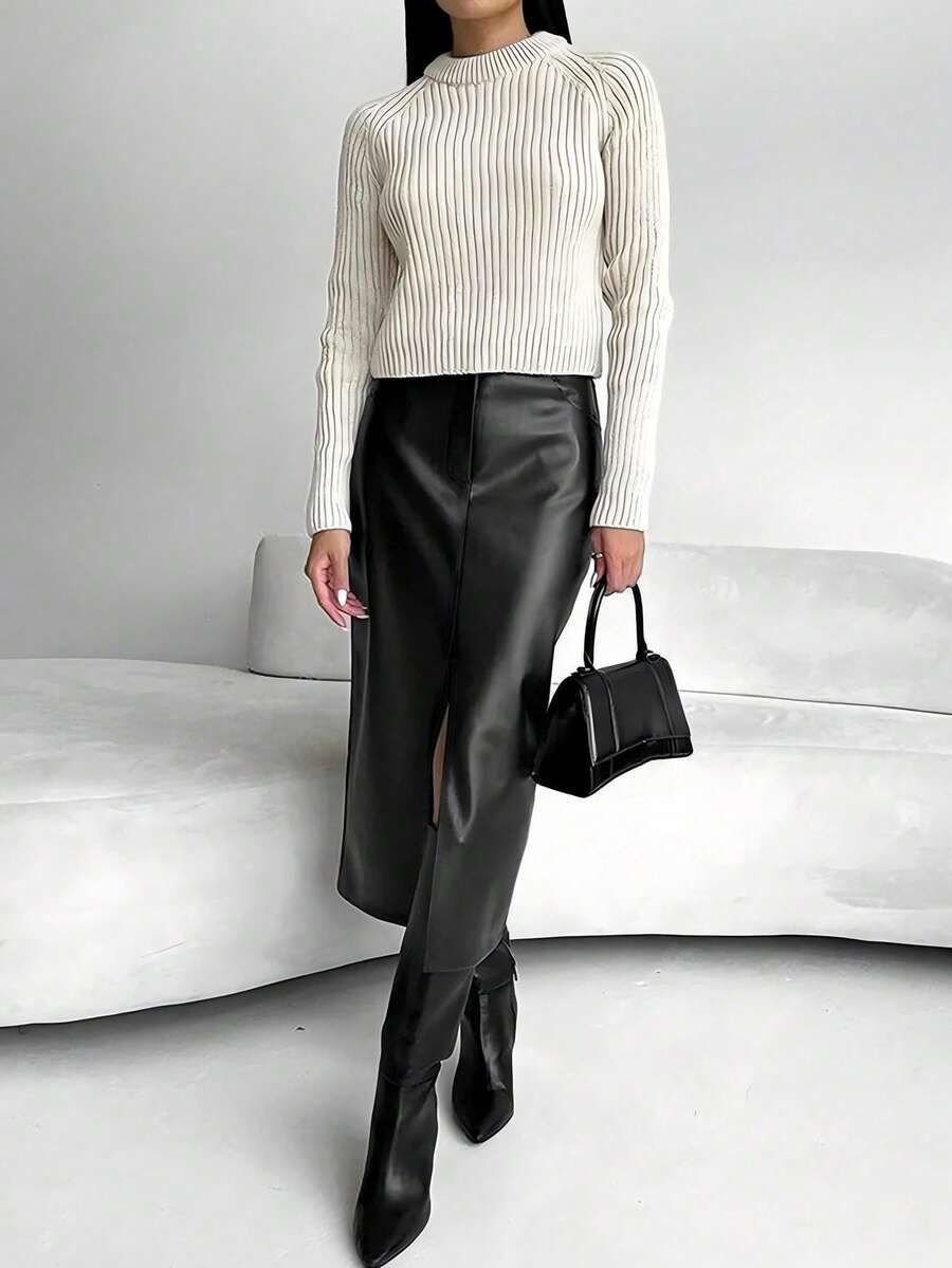 女士优雅纯色高腰开衩大腿PU半身裙，秋冬款 - 黑色 - 查看 1