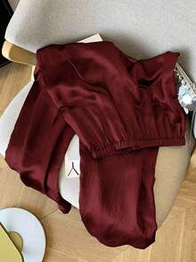 Women's Autumn/Winter Textured Elastic Waist Tie Casual Wide Leg Pants - Burgundy - View 2
