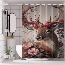 4pcs Christmas Winter Atmosphere Shower Curtain Set, Deer With Floral Antlers Pattern, Foldable High-Quality Shower Curtain Set, Polyester Digital Print Pattern Shower Curtain No-Drill Partition Bathroom, Best For Bathroom Decoration And Gift Giving, Bathroom Decor, Christmas Decorations - 4PCS - View 2