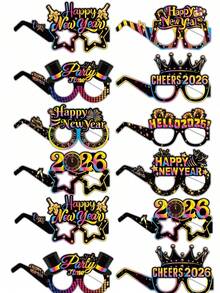 4/12/24 件新年快乐纸质眼镜派对装饰，2026 年除夕夜拍照道具眼镜，适用于新年派对装饰物品，除夕夜派对用品，新年派对眼镜 2026 - 黑色 - 查看 9