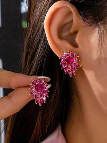 一对复古水钻花朵耳环，小众设计时尚通勤配饰，女士 - 彩色 - 查看 11