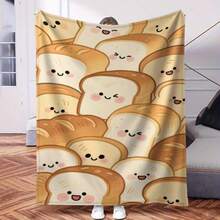 1pc Cute Toast Bread Digital Print Flannel Blanket - Soft All-Season Cozy Throw With Whimsical Smiling Bread Design, Mixed Colors, Contemporary Style For Bed, Couch, Or Gift, Bed And Couch Throw, Playful Home Decor, Plush Texture - White - View 7