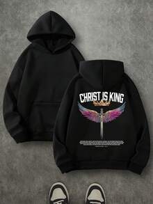 Christ Is King Unisex Christian Hoodie, Christian Scripture Hoodie, Single-Sided Printed (250g Polyester Fiber) Long Sleeve Fleece Hoodie, Christian Gifts, Casual Athletic Fall Hoodie, Men And Women's Long Sleeve Fleece Hoodie For Autumn And Winter, An Ultra-Soft And Comfortable Gift - 黑色 - 查看 1