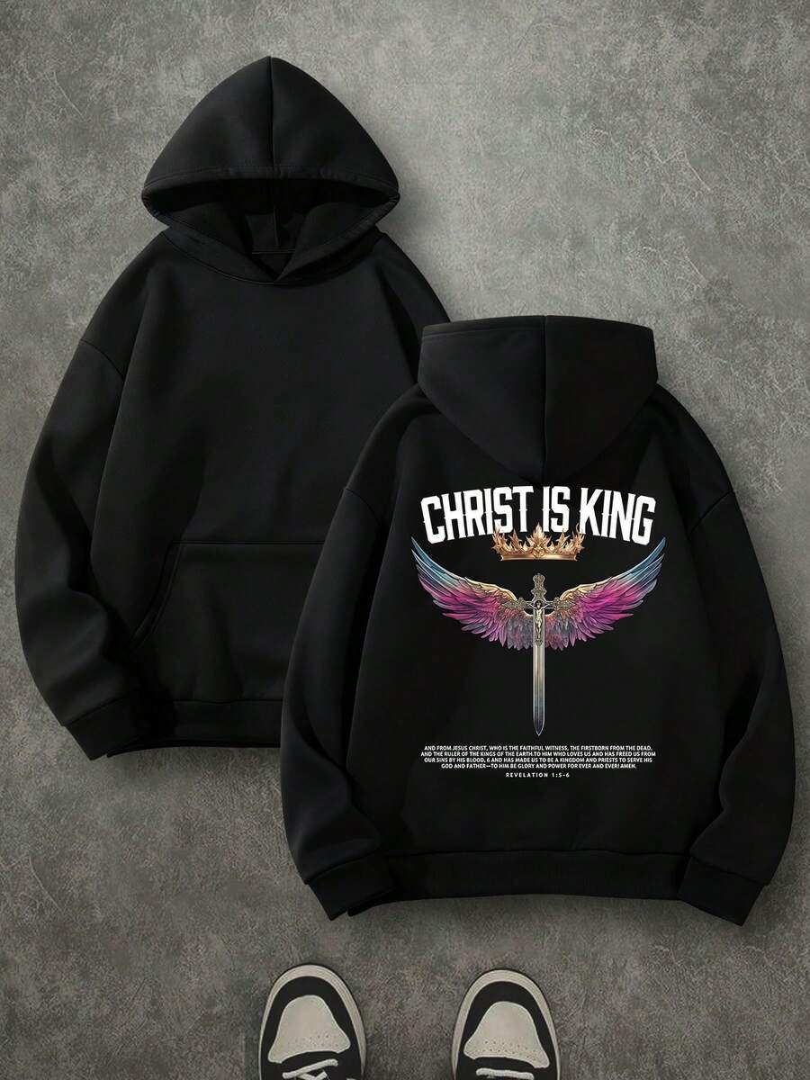 Christ Is King Unisex Christian Hoodie, Christian Scripture Hoodie, Single-Sided Printed (250g Polyester Fiber) Long Sleeve Fleece Hoodie, Christian Gifts, Casual Athletic Fall Hoodie, Men And Women's Long Sleeve Fleece Hoodie For Autumn And Winter, An Ultra-Soft And Comfortable Gift - 黑色 - 查看 1