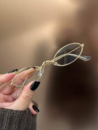 1副女士复古椭圆形高品质金属小框装饰无度数眼镜，防止视觉疲劳，适合电脑、电视、游戏和智能手机使用，透明镜片时尚眼镜