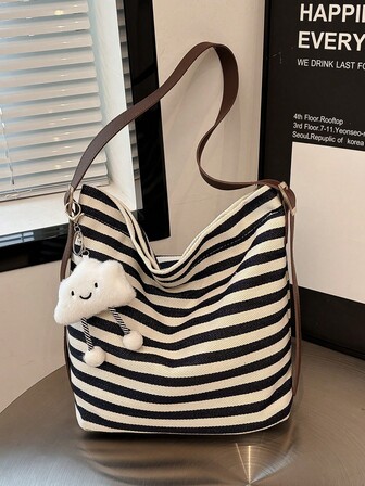 Korean Style Color Block Striped Print Shopping Tote Bag Canvas Handbag 2025 New Niche Large Capacity Shoulder Bag For Women With Pendant, Suitable For Shopping, Wallet, Young Women, College Students, Newbies, White-Collar. Ideal For Office, University, Work, Business, Commuting, Outdoor Activities, Travel And Picnics