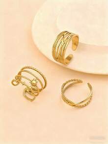 3pcs Stainless Steel Golden Sunburst Shaped Ring Set, Suitable For Women's Daily Decoration And Gift - Yellow Gold - View 2