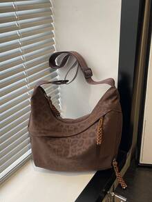 Fashionable Leopard Print Matte Shoulder Bag, Casual Minimalist College Style Wide Strap Crossbody Bag With Multiple Zipper Designs, Suitable For Students, Commuting, Shopping, Daily Use - Brown - View 7