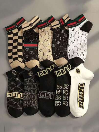 5 Pairs/10 Pairs Men's Thin Breathable Casual Ankle Socks, Luxury Brand Style Boat Socks