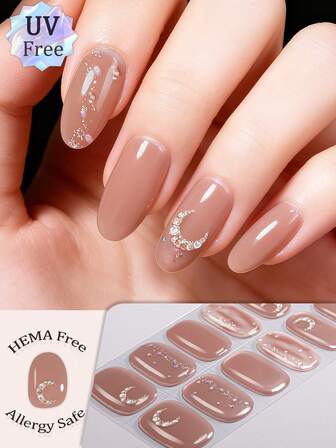 16 Tips UV Free Gel Nail Wraps, Gentle Dreamy Colorful Halo Glitter Diamond Glitter Crystal Nail Art Stickers, A Variety Of Soft Color Matching Halo With Butterfly Cherry Star And Moon Design, Salon Quality, Hypoallergenic, Easy To Paste And Remove, Suitable For Ladies And Girls Daily Dating Party DIY Nail Art Supplies