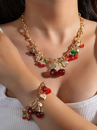 2pcs Y2K Style Cherry Pendant Necklace & Bracelet Set, Cute Accessory For Women's Daily Wear And Parties
