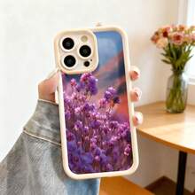 Cubierta de teléfono con borde negro diseño floral púrpura y rosa para iPhone 14 Pro Max protección contra golpes elegante para uso diario - Blanco - Ver 7