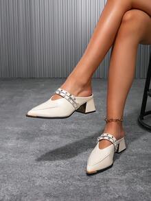 High Quality Hot Selling European And American Style Metal Toe Thick Heel Pumps, New Elegant Lady-Like Casual Party Retro Mary Jane Flats With Anti-Slip Rubber Sole And Rivet Multi-Strap, Lolita Shoes For Women,Mules - Beige - View 2
