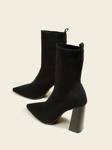 秋冬季 9 厘米粗跟踝靴，黑色，尖头，弹性，舒适，2025 时尚，高跟鞋 - 黑色 - 查看 4