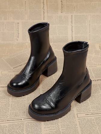 Elegant Vintage High Heel Short Boots For Women, 2025 Autumn/Winter New Fashion Leather & Suede Patchwork Back Zipper Ankle Boots, Versatile Commuting Stylish Boots