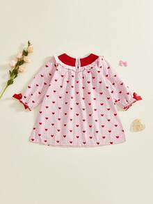 Kids Girls Valentines Day Dress, Long Sleeve Crew Neck Heart Plaid Dress Fall A-Line Dress - 粉色 - 查看 7