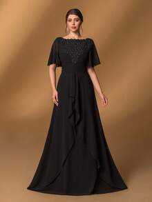 Faeriesty Elegante vestido de madre de la novia con cuello de barco, mangas con volantes y dobladillo con volantes en línea A - Vestido de novia formal para galas de noche, recepciones de lujo, eventos de etiqueta negra, cenas sofisticadas, ceremonias de alto nivel - Negro - Ver 4
