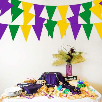 12 sztuk karnawałowych żółtych, zielonych, fioletowych trójkątnych flag, banerów, trójkątnych flag, kolorowych flag, girland, wstążek, imprez karnawałowych, urodzin karnawałowych, ślubów, zaręczyn, wydarzeń z wręczaniem prezentów