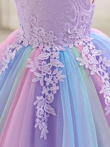 Vestido de princesa estilo europeo y americano para niñas, vestido de tul violeta con parches de encaje y flecos, vestido de princesa colorido y dulce con lazo ajustable en la espalda, para uso diario, ballet, fiesta de cumpleaños, vacaciones, celebración escolar, vestido de tul esponjoso y novedoso - Púrpura malva - Ver 5