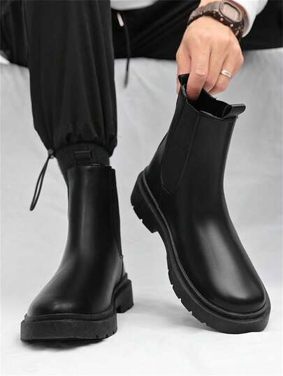 Men's Chelsea Leather Boots, High-Top Slip-On Boots, Black, Versatile, Breathable, Work Boots, Outdoor Anti-Slip Motorcycle Boots