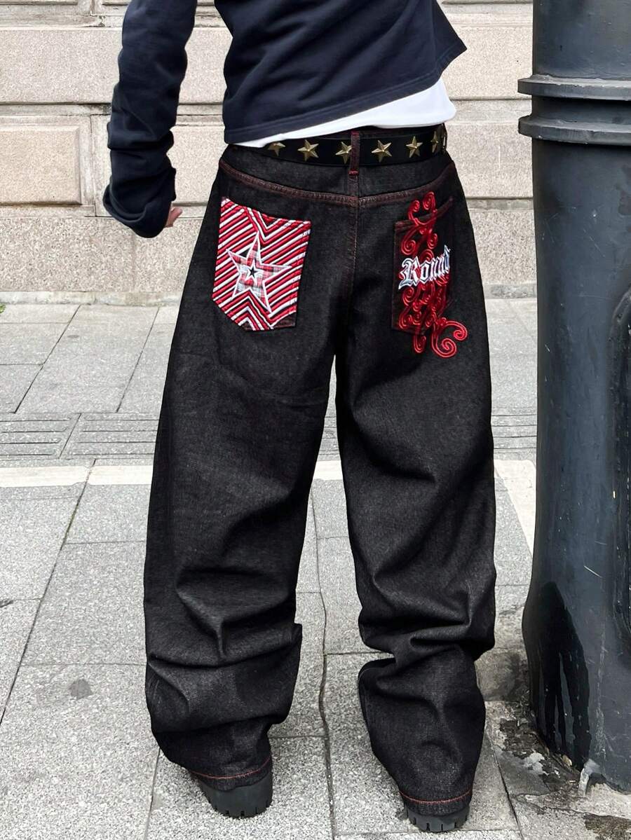 1 قطعة بنطال جينز رجالي فضفاض مطرز بساق واسعة، طراز شارع كاجوال، مريح وشامل لجميع المواسم