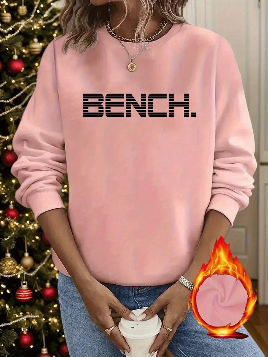 Women's Y2K Style Burgundy Sweater With Bold White 'Bench' Letter Print - Long Sleeve Crew Neck Pullover Sweater With White Cuffs And Hem, Suitable For All Seasons Casual And Semi-Formal Wear, Layerable (Machine Washable) - Minimalist Aesthetic, Y2K Fashion Letter Print Sweater, Fashionable And Comfortable, Suitable For Layering Or Wearing Alone, Elegant Modern Design With 'Bench' Letter, High-Quality Women's Winter Sweater, Oversized Sweater, Women's Winter Sweatshirt, American Women's Sweater, Embroidered Sweatshirt 2025 - 粉紅色 - 查看 1