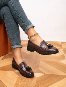 女士乐福鞋，圆头流苏平底乐福鞋，户外复古平底鞋，女士休闲鞋，女士平底鞋 - 巧克力棕 - 查看 3