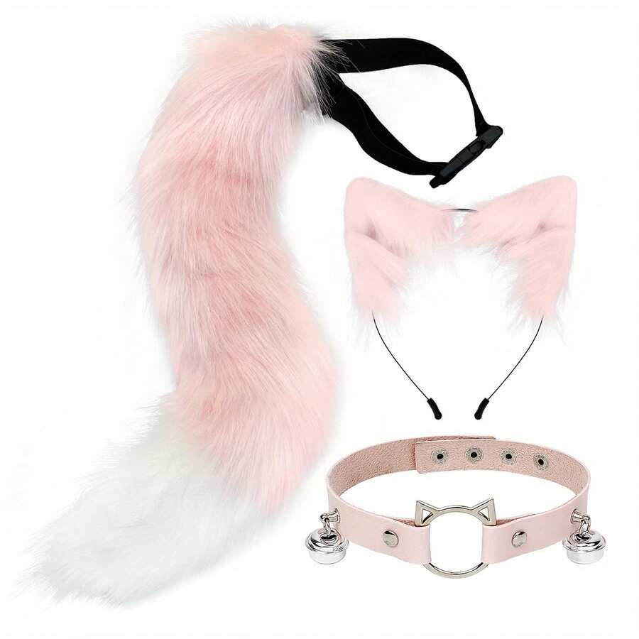 3pcs/Set Faux Fur Cat Ears, Wolf/Fox Tail & Collar Set For Cosplay, With Bells - Red/Black Fluffy Tail, Faux Leather Collar Necklace, Suitable For Roleplay, Theme Parties, Anime/Manga Costumes (Adjustable, Fits Multiple Sizes) - Multicolor - View 1
