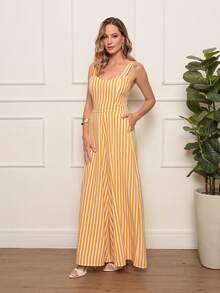 Plain, Loose-Fitting Tailored Jumpsuit With Wide-Leg Pants And A Back Zipper. Super Comfortable. - Yellow Striped - View 4